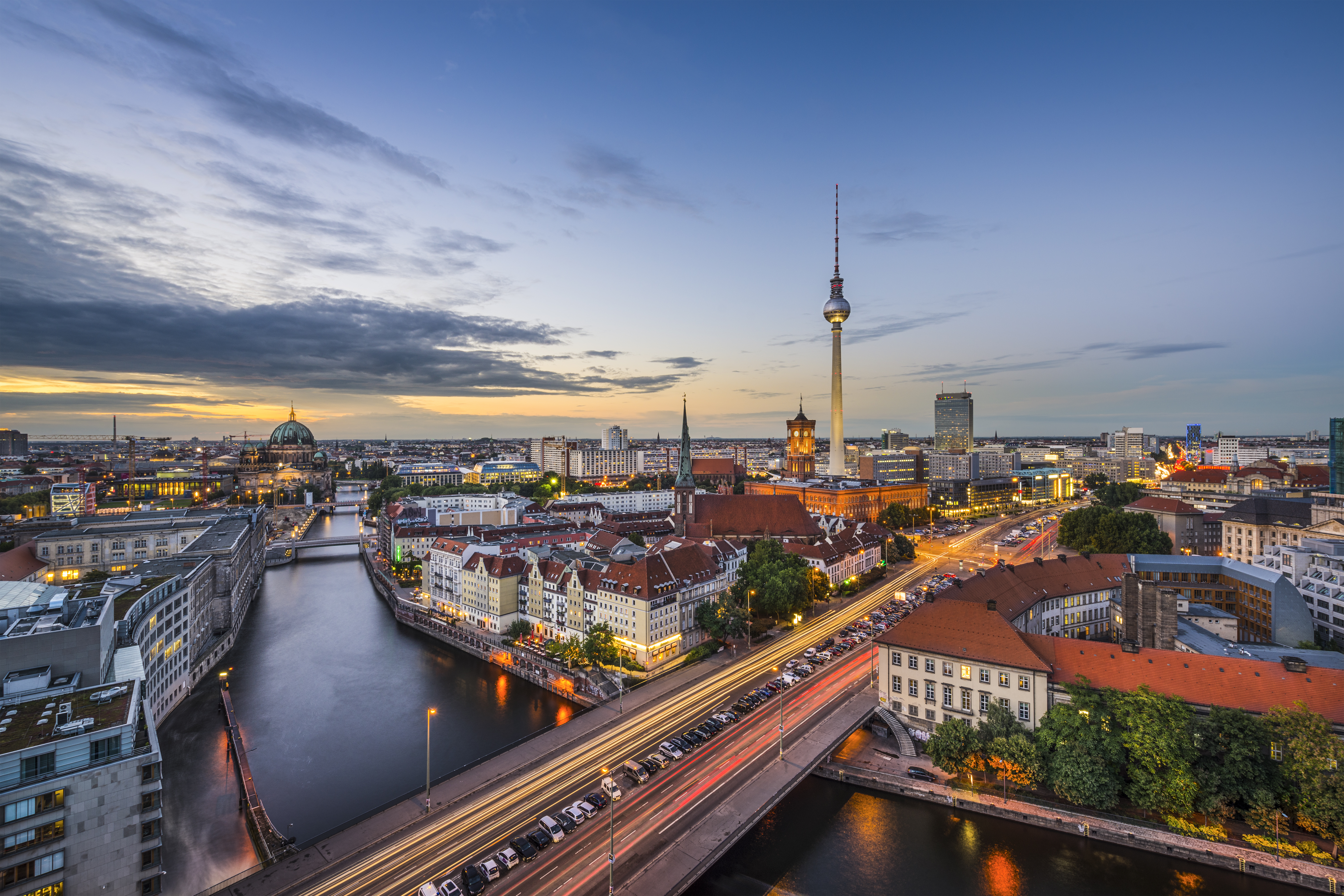 Berlin, Germany city skyline at dusk.